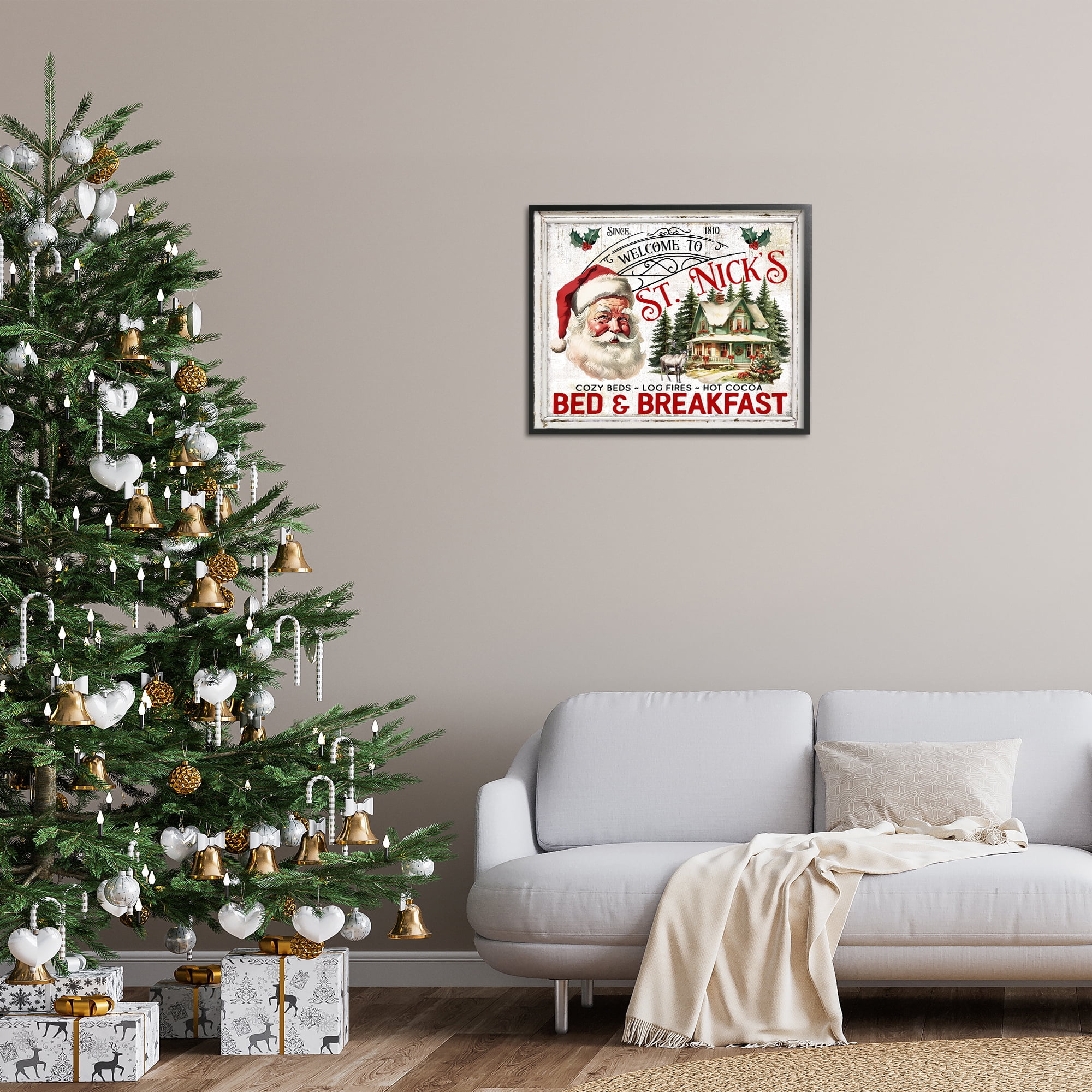 Stupell Industries St Nick's Bed & Breakfast Holiday Painting Black Framed Art Prints Wall Art, 30 x 24