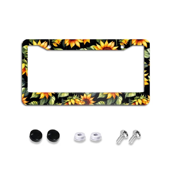 Sunflowers on Black License Plate Frames Universal Aluminum Tag Holder Cover with 2 Holes Screws for Front Rear Car Plate Decor 12x6 Inch for Women Men
