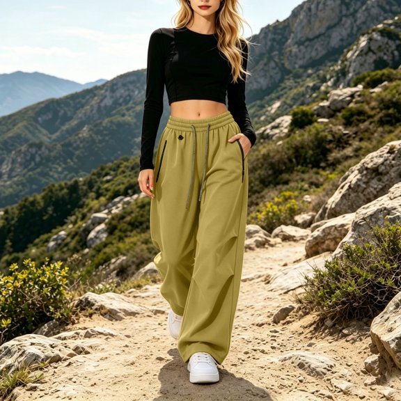 Costeam Womens Waterproof Quick Dry Cargo Pants Zip Closure Side Cargo Pockets Drawstring Elastic High Waist Loose Straight Wide Leg Lightweight Full Length Casual Utility Trousers