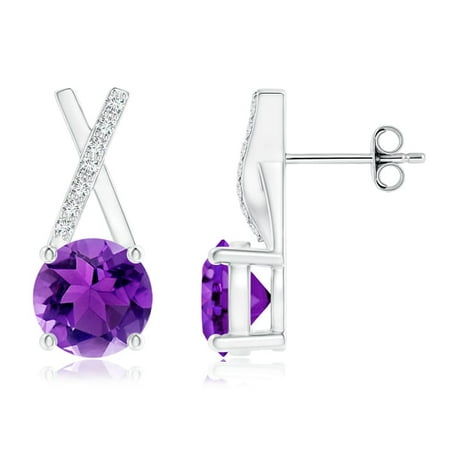 February Birthstone Earrings 6mm Solitaire Round Amethyst Xo Stud February Birthstone Earrings 6mm Solitaire Round Amethyst Xo Stud With Diamond Accents In