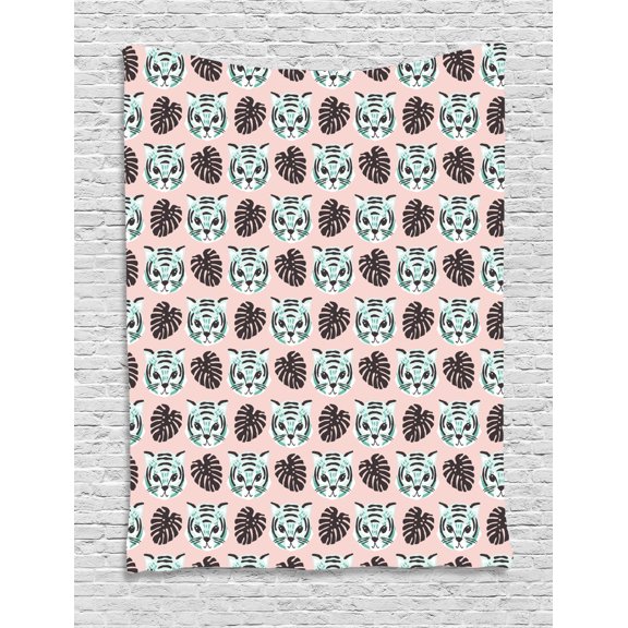 Jungle Tapestry, Composition of Tiger Portraits and Dark Grey Monstera Leaves Forest Scene, Wall Hanging for Bedroom Living Room Dorm Decor, 40W X 60L Inches, Blush Pale Teal White, by Ambesonne