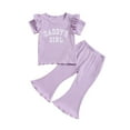thumbnail image 2 of Titcea Toddler Girl Summer Outfits Ruffled Letter Printed Round Neck Short Sleeve T Shirts and Elastic Waisted Flared Pants 2 Piece Set, 2 of 8