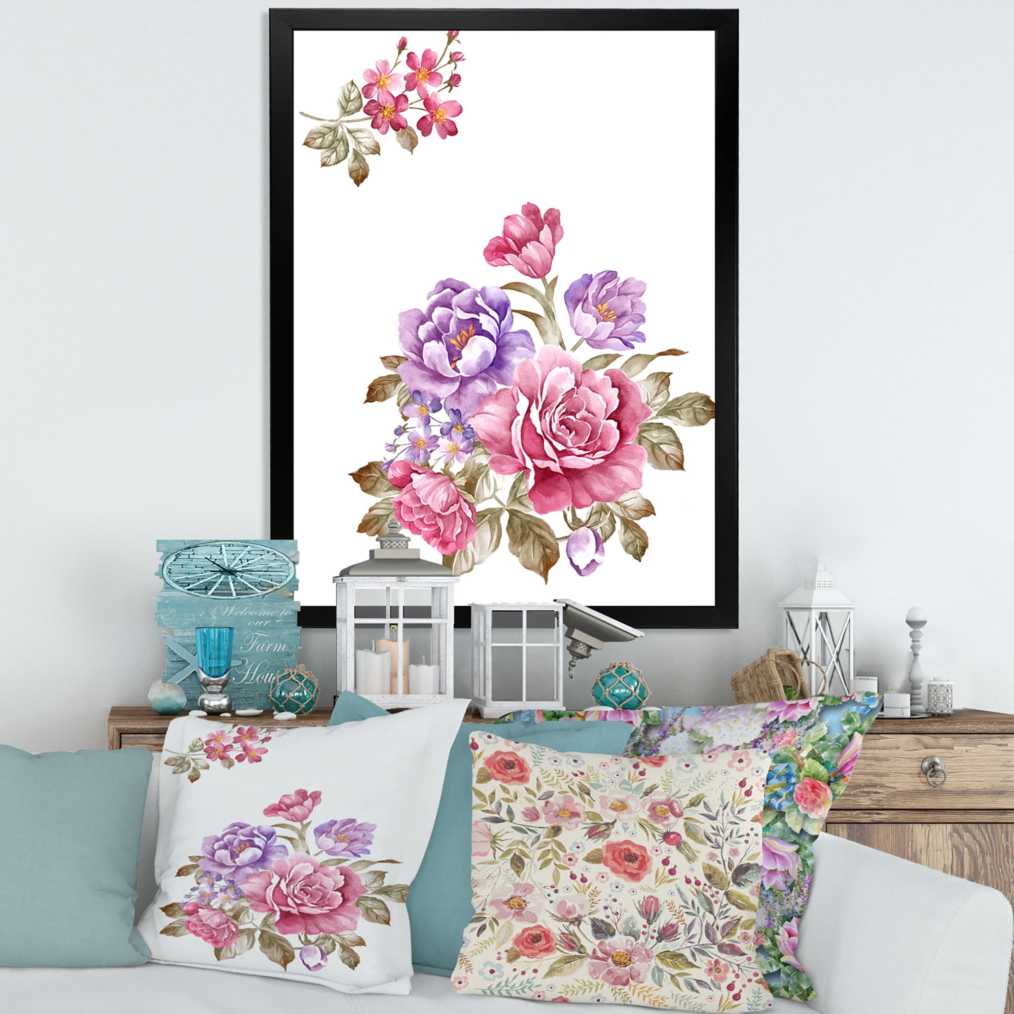 Designart 'Bouquet of Purple and Pink Flowers I' Farmhouse Framed Art Print