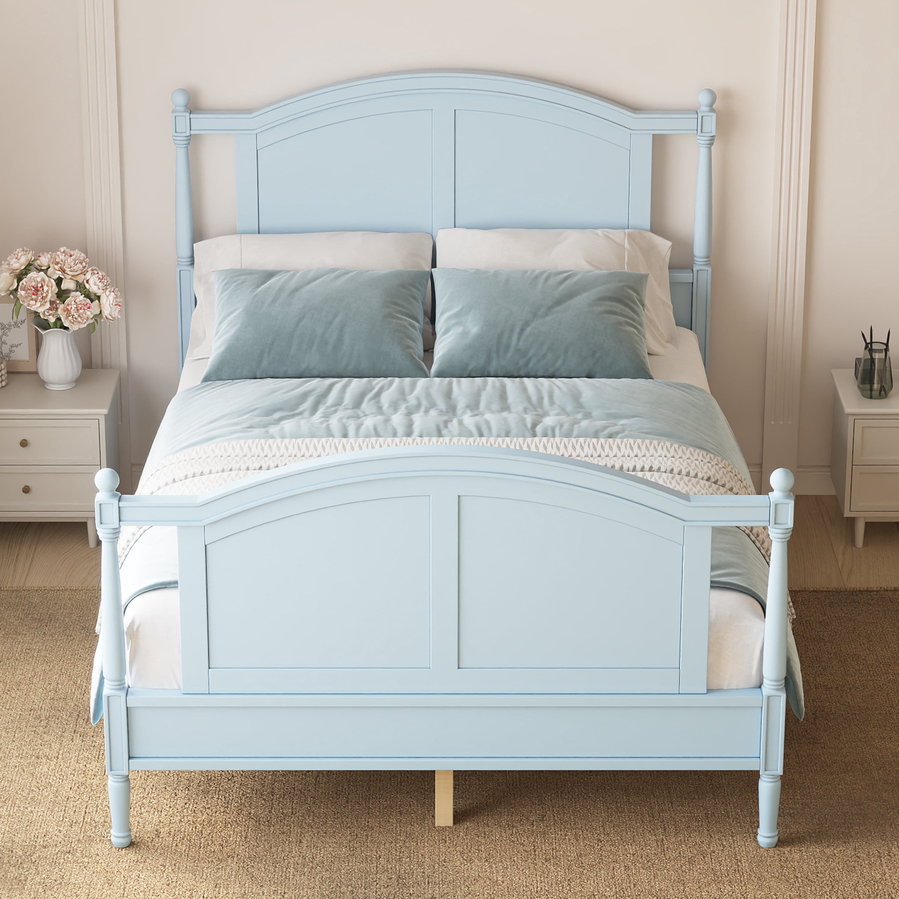 Mintazer Full Size Farmhouse Platform Bed Frame with Arched Panel Headboard & Footboard, Cottage Panel Bed Frame with Spindle Posts & Slat Support for Bedroom Guest Room, Light Blue