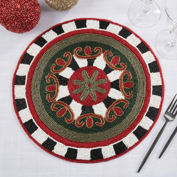 Fennco Style Exquisite Beaded Design Placemat 15" Round, 1-Piece - Multicolored Table Mat for Everyday Use, Holidays, Banquets, Christmas, Special Events and Home Décor