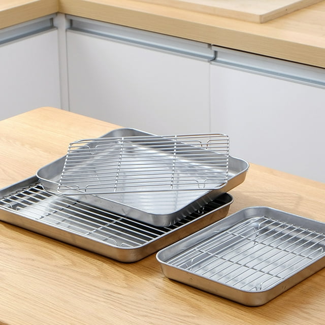 1 Set Multifunctional Stainless Steel Oven Baking Pan Grill Rack Set Non-stick Rust-proof BBQ Serving Dish with Cooling Rack Outdoor Camping Kitchen Draining Tray Set