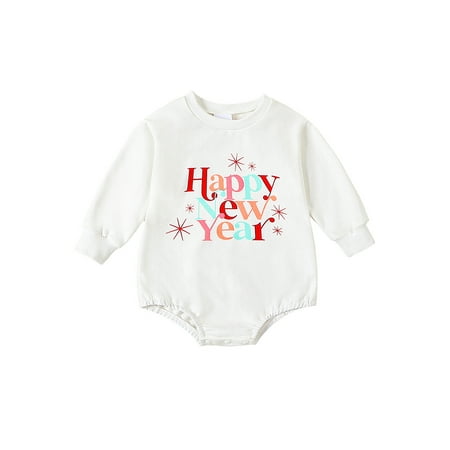 

Qtinghua Newborn Baby Girl Boy New Years Romper Long Sleeve Letter Print Casual Jumpsuit Fall Clothes White 12-18 Months
