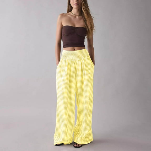 Cxenplz Womens Casual Plaid Pants Elastic High Waist Wide Leg Lounge Pants Loose Trousers