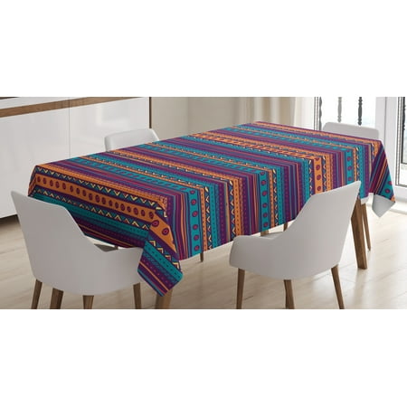 Mexican Kitchen - Tribal Tablecloth, Striped Retro Aztec Pattern with Rich Mexican Ethnic Color Folkloric Print, Rectangular Table Cover for Dining Room Kitchen, 60 X 90 Inches, Teal Plum and Orange, by Ambesonne