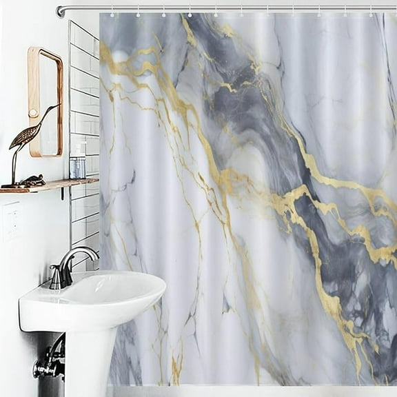 Marble Shower Curtain, Modern Abstract Foil Texture White Grey Gold Marble Washable Waterproof Fabric Bath Curtains Set For Bathroom Decor Art With 12 Hooks 36"W x 72"L