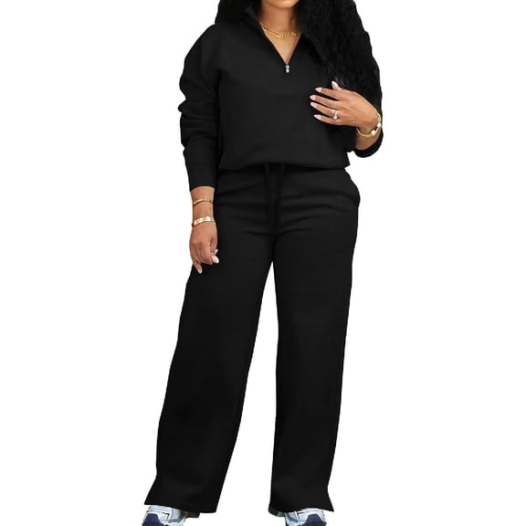 Women‘s Fall 2-Piece Sweatsuit Set, Half-Zip Long Sleeve Sweatshirt & Wide Leg Sweatpants, Fleece Lounge Set