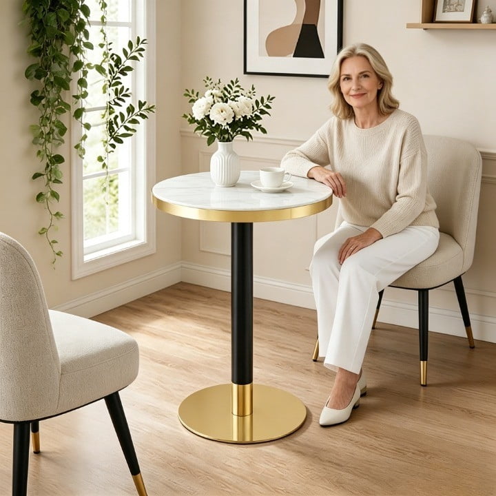 23.6" Round Light Luxury Coffee Table, UV Paint MDF Marble Texture Countertop with Stainless Steel Edging, Sturdy Metal Leg Side Table for Living Room Bedroom Entryway Office