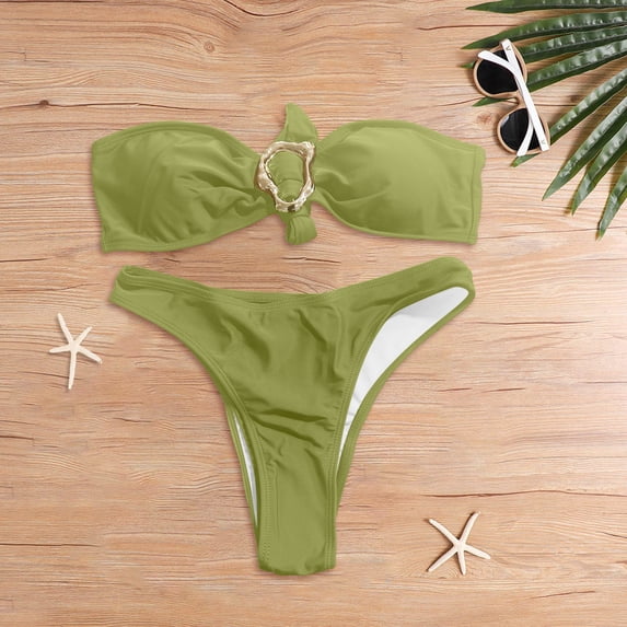 DHFJKG Two Piece Bikini Swimsuit For Women Strapless High Waist Bathing Suit With Thong Bottom Solid Color Vacation Beachwear