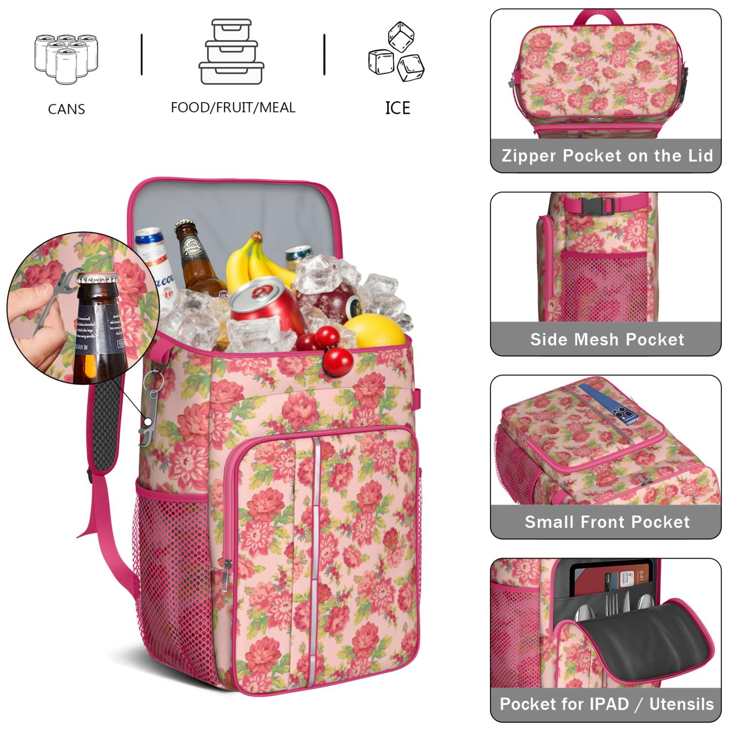 Travel Cooler Bag - Pioneer Flower Floral Print Pattern Camping Beer Cooler Backpack with Bottle Opener- Waterproof Insulated Picnic Backpacks - Cooler Bag for Beach