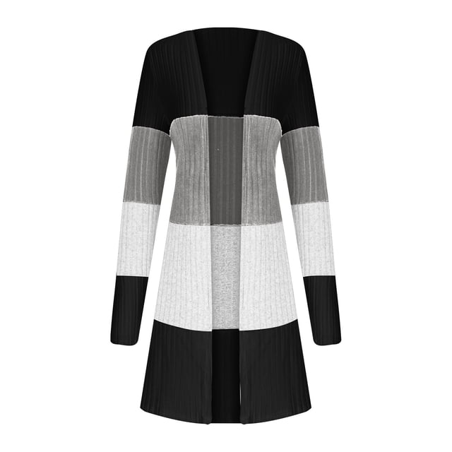 WRKEKC Color Block Ribbed Texture Open Front Cardigan Longline Duster Coat with Slanted Pockets for Fall Winter Layering and Casual Outings Black XL