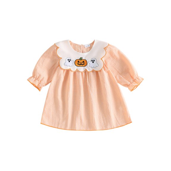 BemeyourBBs Toddler Baby Girls Halloween Dress Outfit Infant Baby Girl Summer Fall Plaid Gingham Dress Pumpkin Ghost Embroidered Crew Neck Puff Long Sleeve Holiday Party Dress