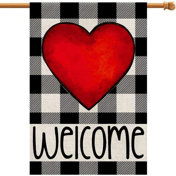 Valentines Day House Flag 28x40 Inch Vertical Double Sided Welcome Love Heart Buffalo Plaid House Flag, Yard Outdoor Farmhouse Decoration Anniversary Wedding DF009-28
