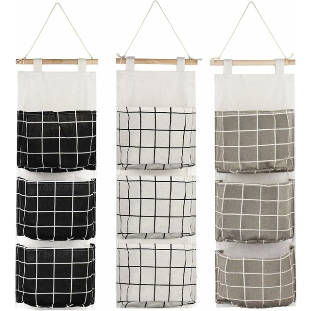 Bolsa de almacenamiento colgante con 3 bolsillos, cesta de estante de pared de tela, organizador de bolsa de almacenamiento para dormitorio, baño, cocina, 3 piezas (negro/gris/blanco),