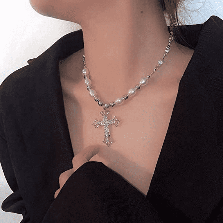 Y2K Gothic Pearl Cross Necklace