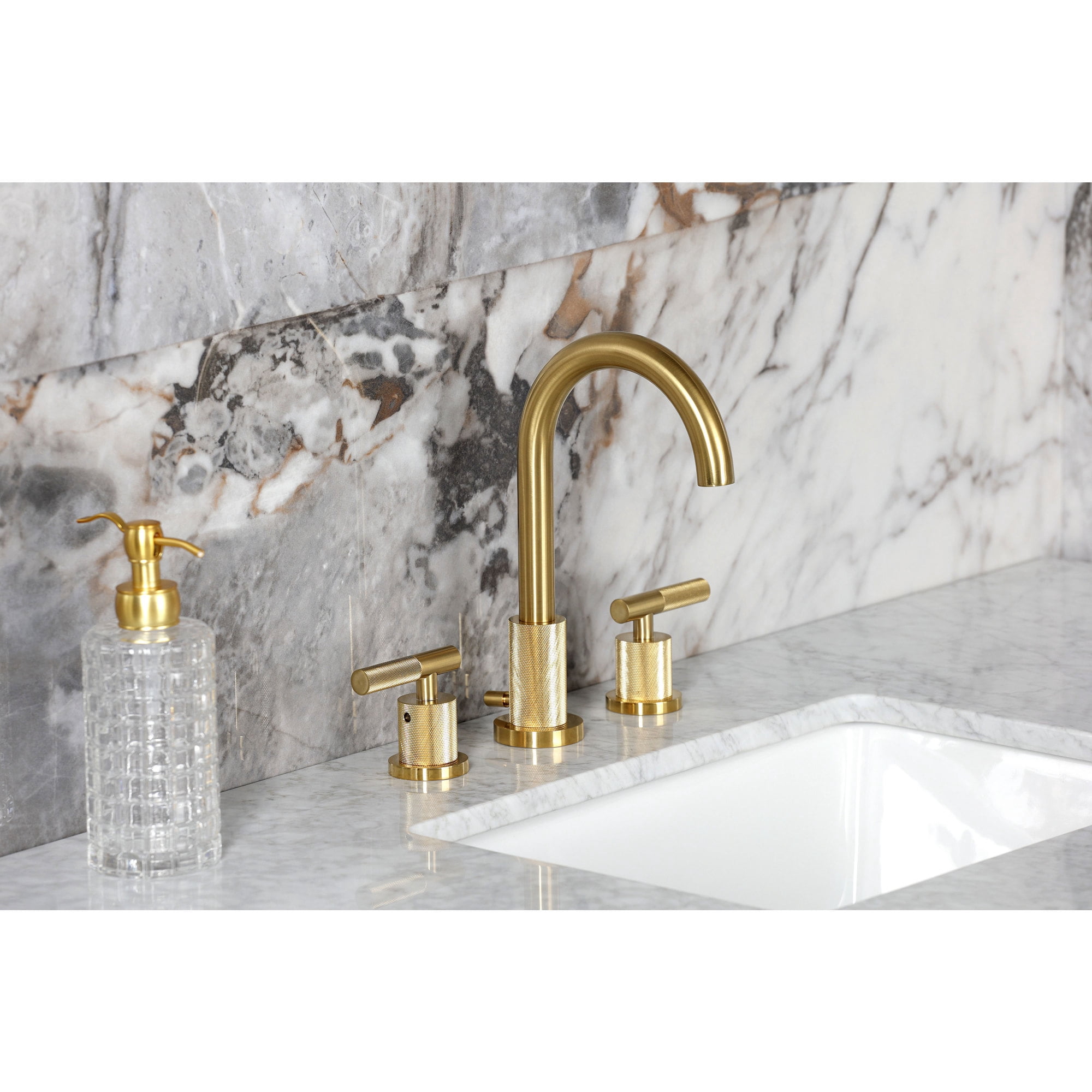 Kingston Brass FSC8923KNL Convergent Two-Handle 3-Hole Deck Mount Widespread Bathroom Faucet with Knurled Handle and Brass Pop-Up in Brushed Brass