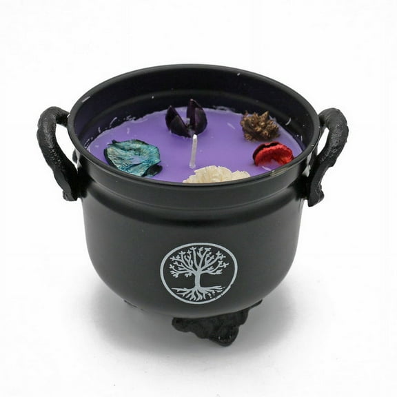 Soul Sticks 4" Tree of Life Metal Cauldron Lavender Scented Candle with Dried Flowers with Handle Reusable for Spells, Smudging, Rituals & Blessings