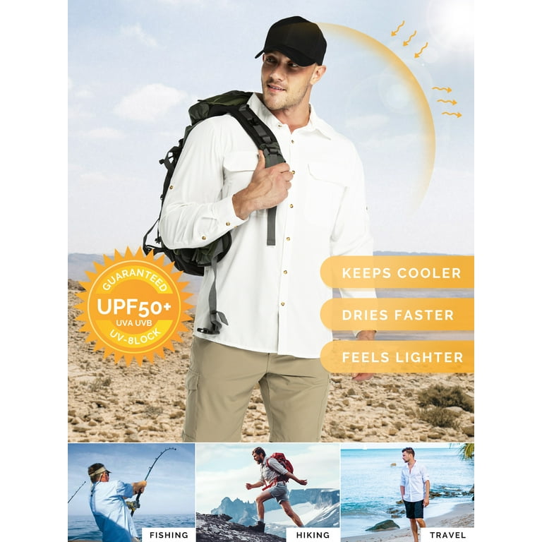 33,000ft Men's Long Sleeve Sun Protection Shirt UPF 50+ UV Quick Dry Cooling Fishing Shirts for Travel Camping Hiking White Large