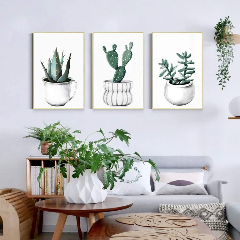 ArtbyHannah 3 Pack 16x24 Inch Botanical Framed Catcus Canvas Wall Art Decor  with Tropical Plant Artwork Prints Picture for Home Decoration, Ready to