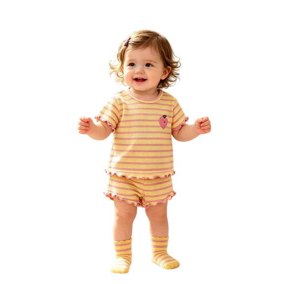 Bigetiay Girls Striped Short Sleeve T Shirt Elastic Waist Shorts Summer Casual Two Piece, Size 1-2 Years