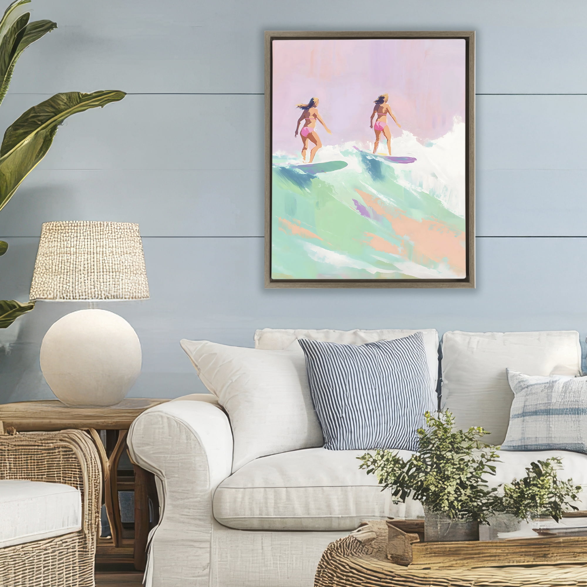 Stupell Industries Two Surfing Girls on Wave Brown Framed Floater Canvas Wall Art, design by The Prints Vibe