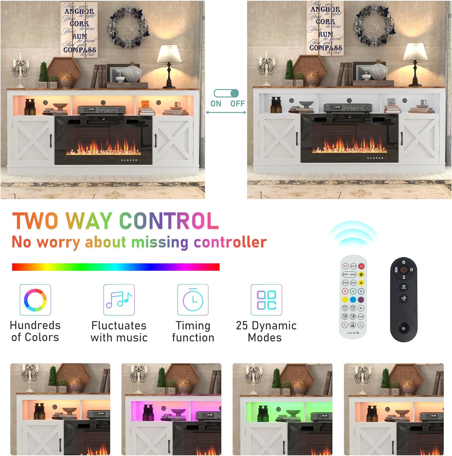 Chvans 80" Fireplace TV Stand with Barn Doors, Farmhouse photo 4