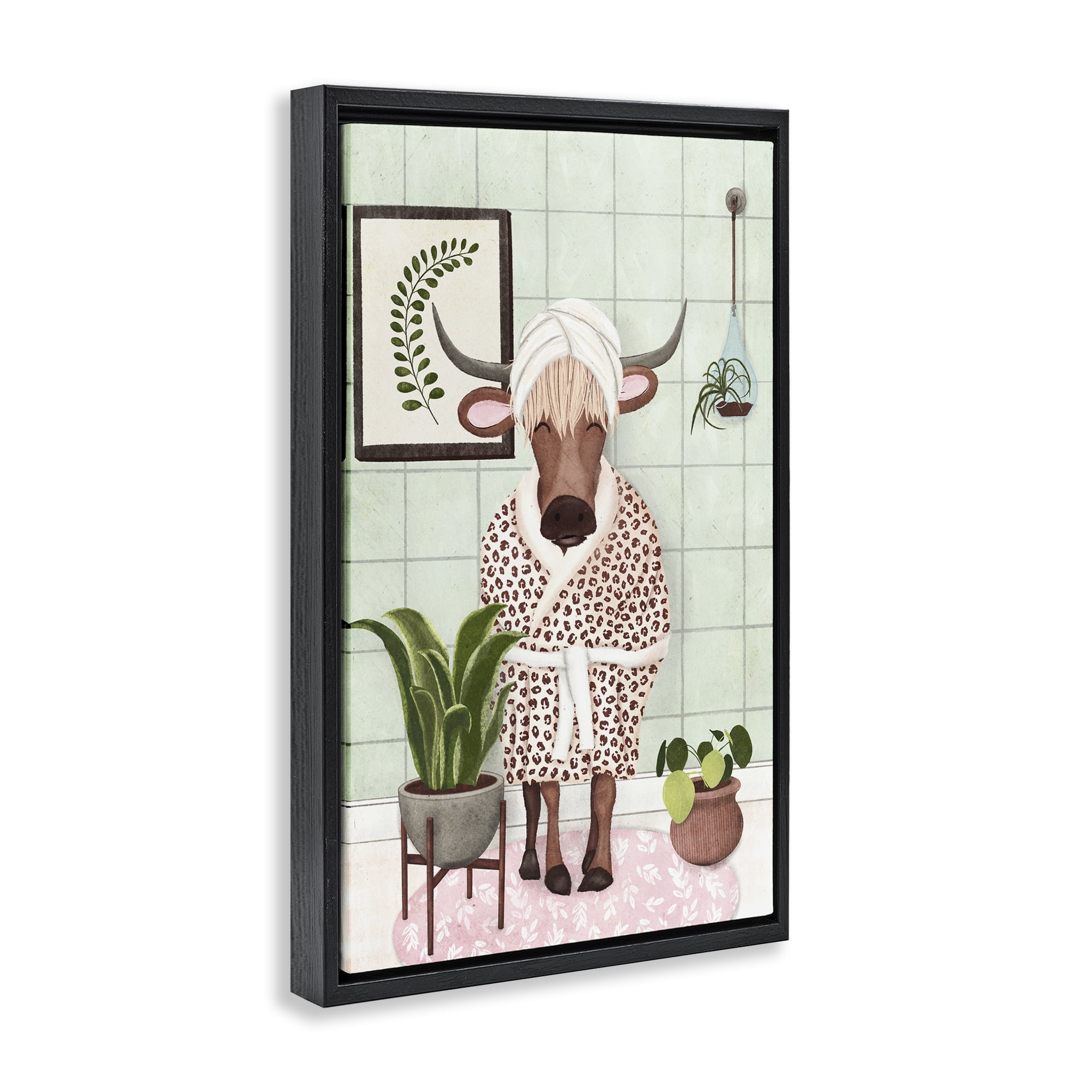 Stupell Industries Cow in Bathrobe Typography Painting Black Floater Framed Canvas Art Print Wall Art, 21 x 31
