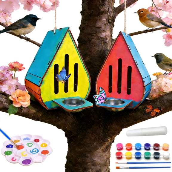 2 Pcs Butterfly Habitat with Feeders, Wooden Ladybird Butterfly Garden Kit, Diy Painted Wood Hanging Butterfly House Kit, Great Outdoor Garden Gift & Decor