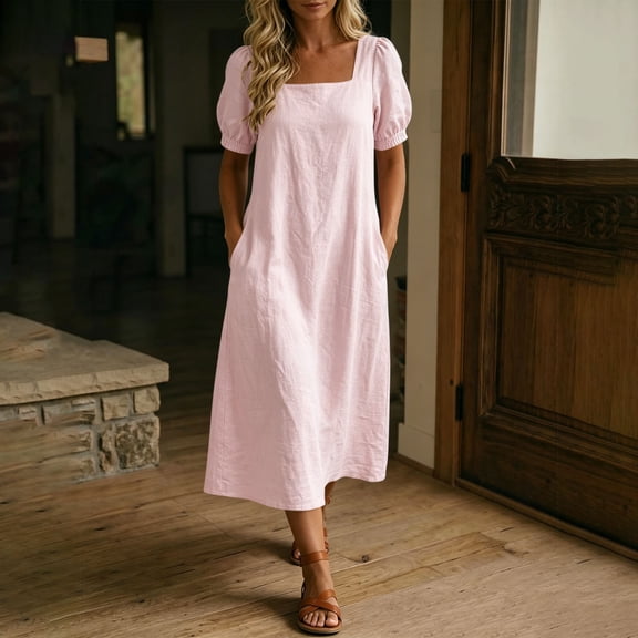 Guieoi Womens Dresses Plus Size Square-Neck Short-Sleeve Solid-Color Dress with Pockets Pink M