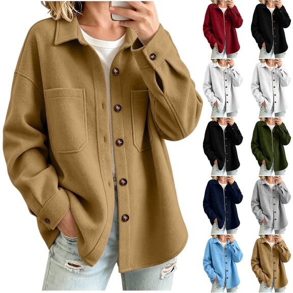 Womens Jackets Casual Solid Color Button Down Soft Shacket Outerwear with Chest Pockets Collar Long Sleeve Loose Fit Jackets for Spring Travel