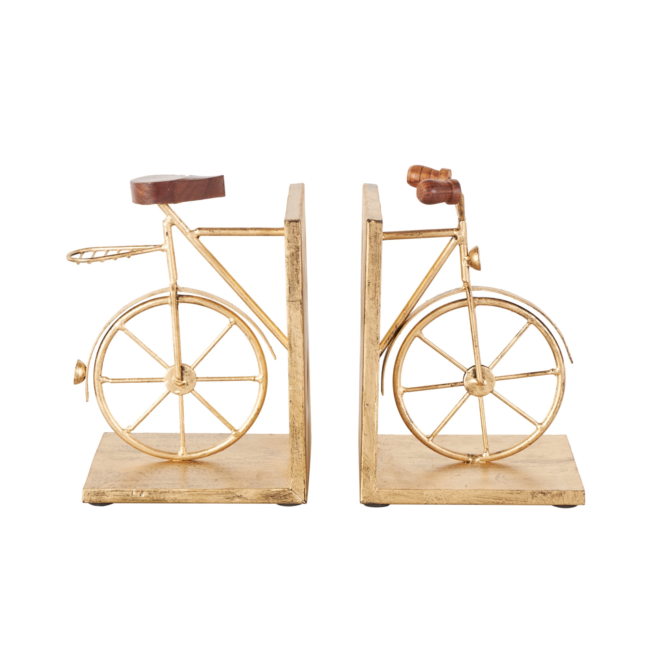 DecMode 6" Bike Gold Metal Bookends with Wood Accents (Set of 2)