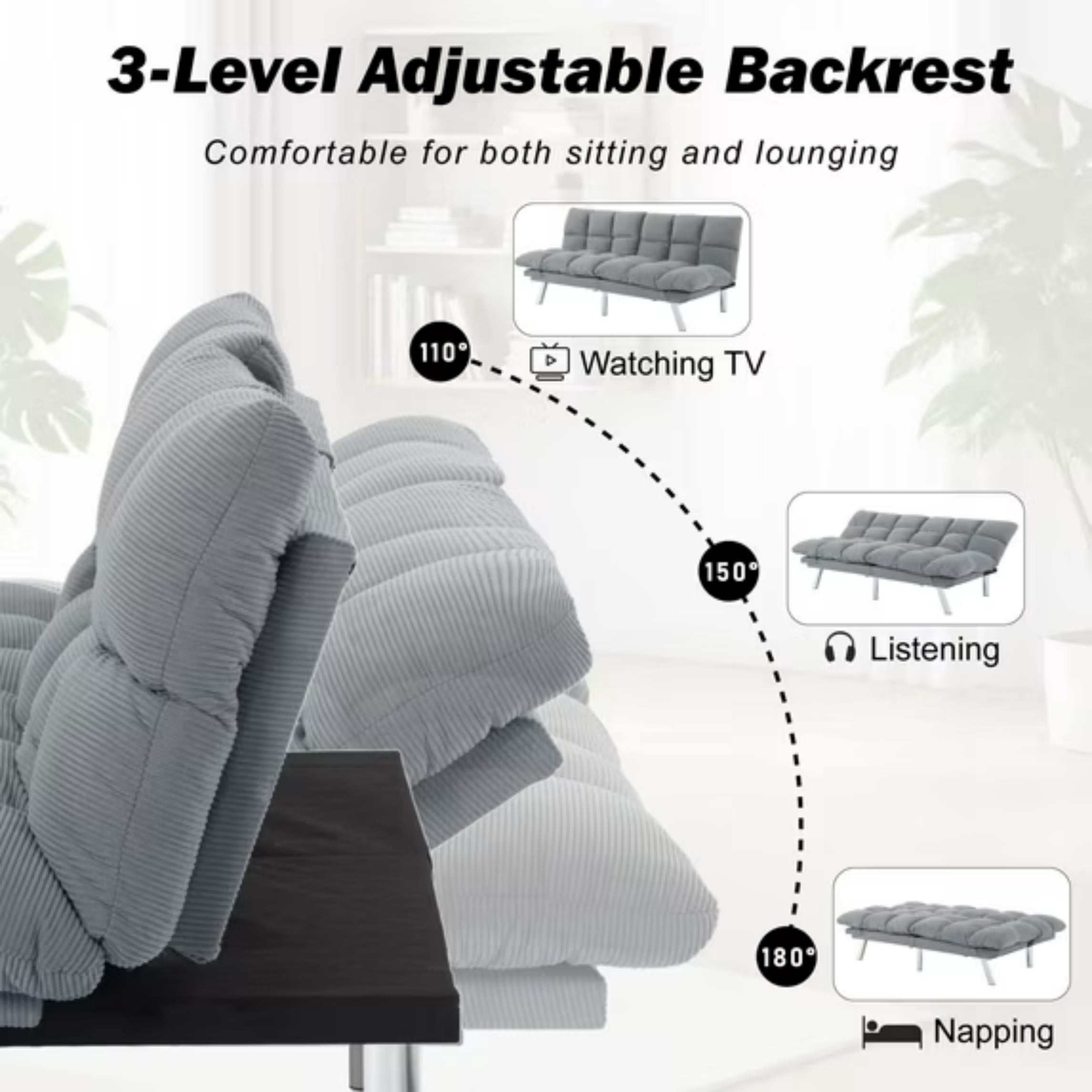 BSHTI 67.3" Futon Sofa Bed, Corduroy 3 in 1 Convertible Sofa Bed with Adjustable Backrest, Split-Back Design, Loveseat Sofabed for Living Room, Office, Guest Room, Light Gray