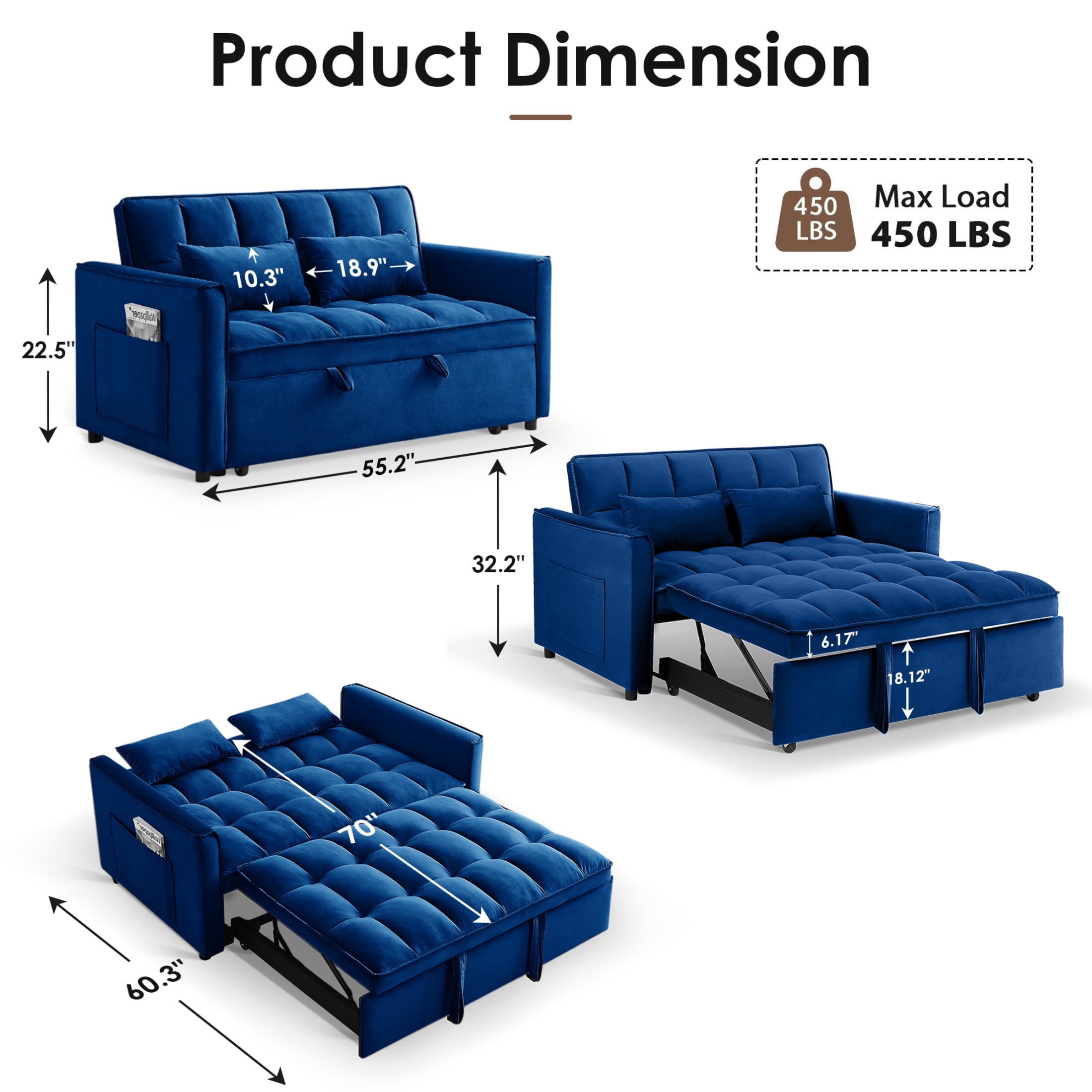 Vinform 55" 3 in 1 Convertible Sleeper Sofa Bed, Pull Out Loveseat Couch with Storage Pocket, Blue