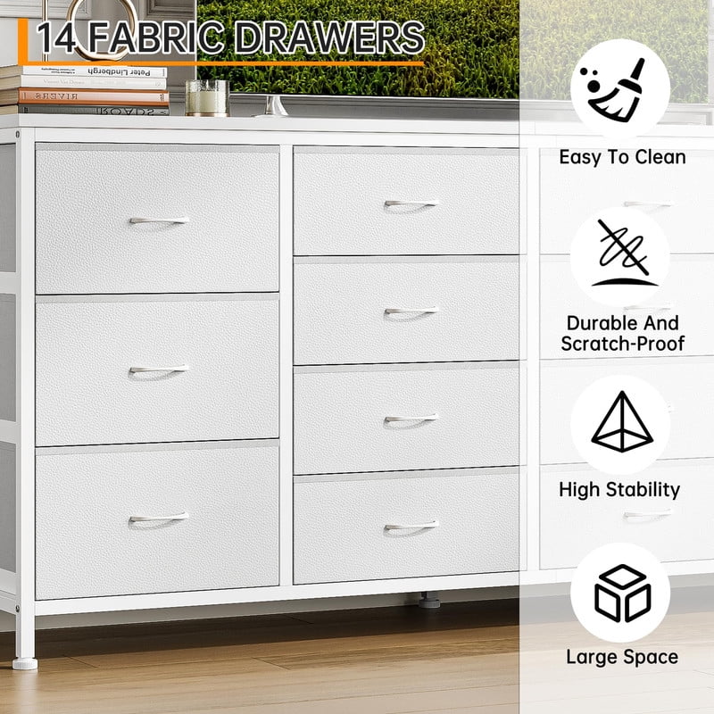 TROPOW 63" W Long Fabric Dresser TV Stand with 14 Drawers, Power Outlets, for 65 70 75 Inch TVs, Entertainment Center for Bedroom Living Room Storage