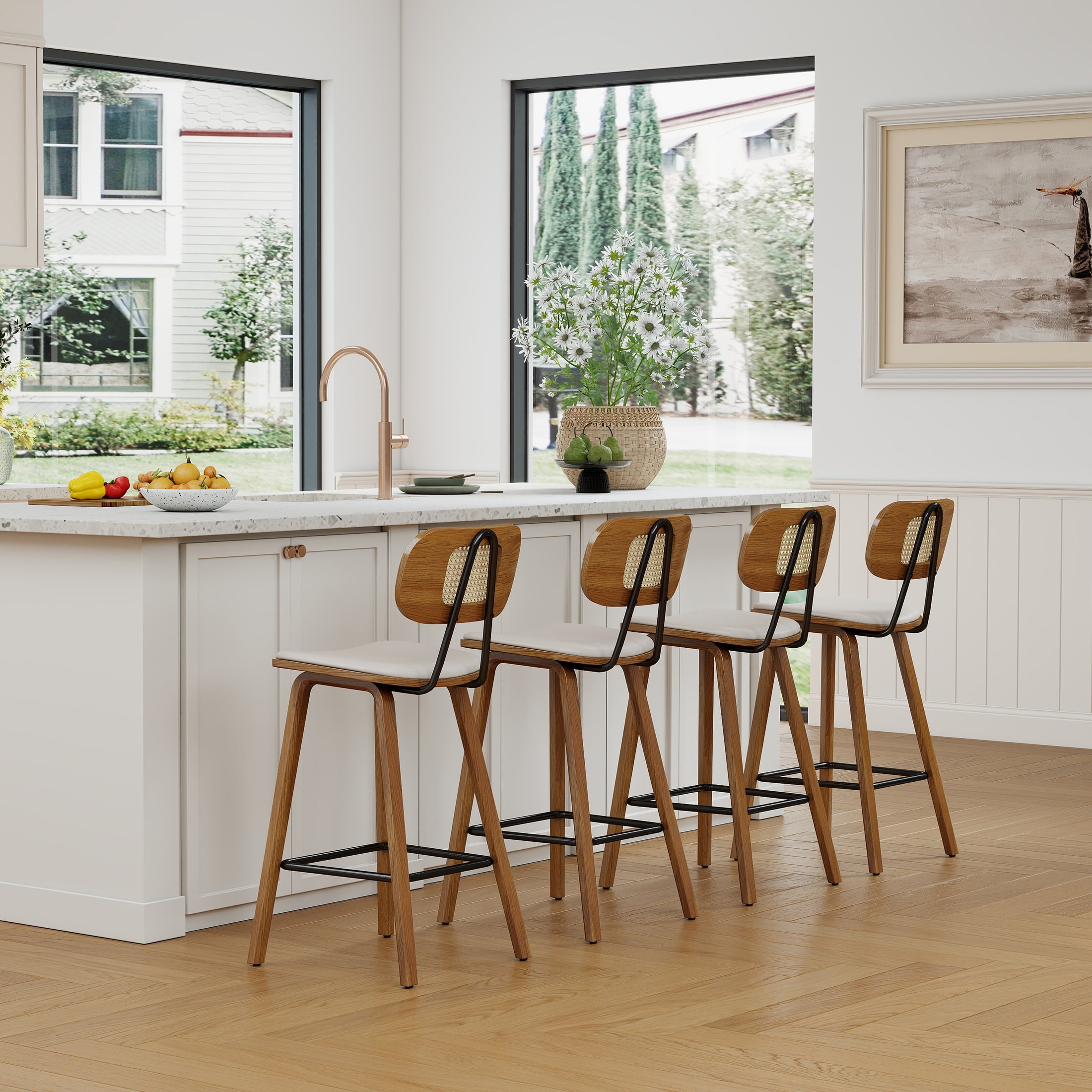 Guyou Rattan Counter Height Bar Stool Set of 2, 26" Wooden Kitchen Island Chairs with Cane Backrest and Bentwood Legs, Modern PU Upholstered Barstools for Dining Room Bars Coffee Shops, Beige