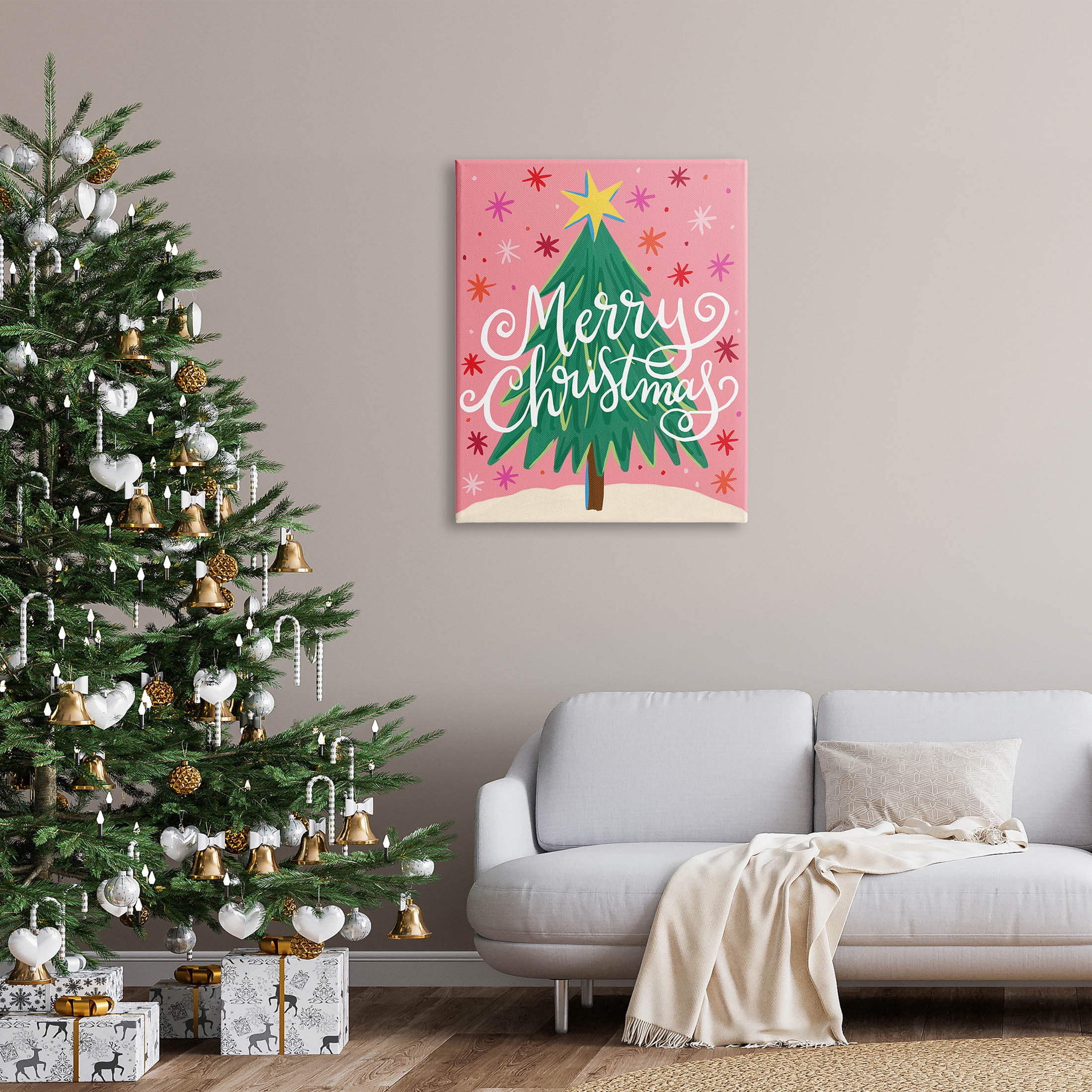 Merry Christmas Pink Starry Pattern Holiday Graphic Art Gallery Wrapped Canvas Print Wall Art