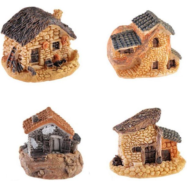 4 Pieces/Set Miniatures Fairy Garden Stone House Mini Resin Craft