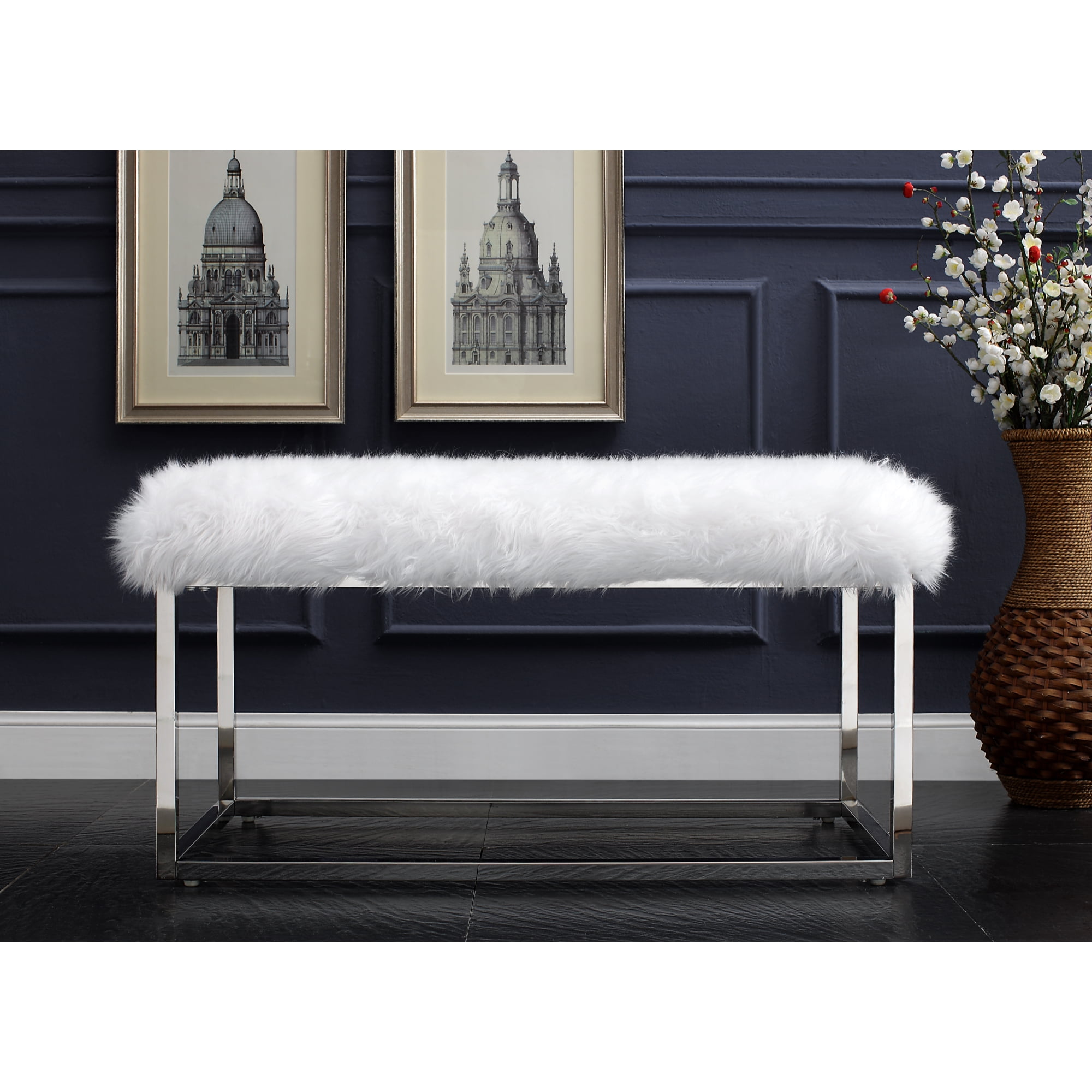 Inspired Home Randy Faux Fur Bench Chrome Frame Ottoman Modern, White - Walmart.com - Walmart.com
