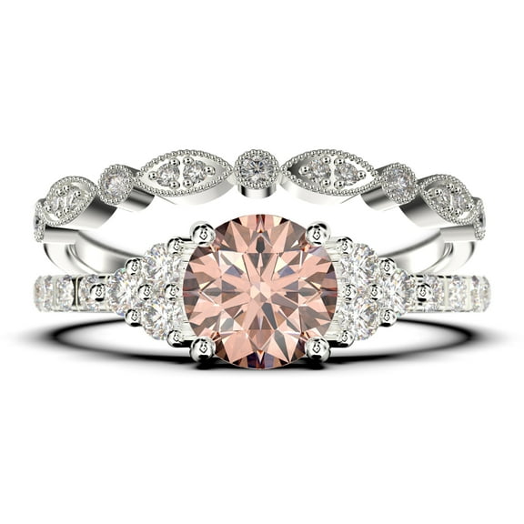 Beautiful Mid-Century 1.75 Carat Round Cut Morganite And Diamond Moissanite Engagement Ring, Wedding Ring In 925 Sterling Silver With 18K White Gold Plating, Gift For Her, 7 Stone Ring, Bridal Set
