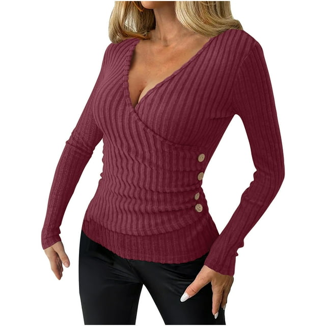 fatyb Chandail Cache-Cœur à Col en V pour Femme, Ajusté, Manches Longues, Chemises Décontractées, Léger, Haut en Tricot Habillé pour Femme
