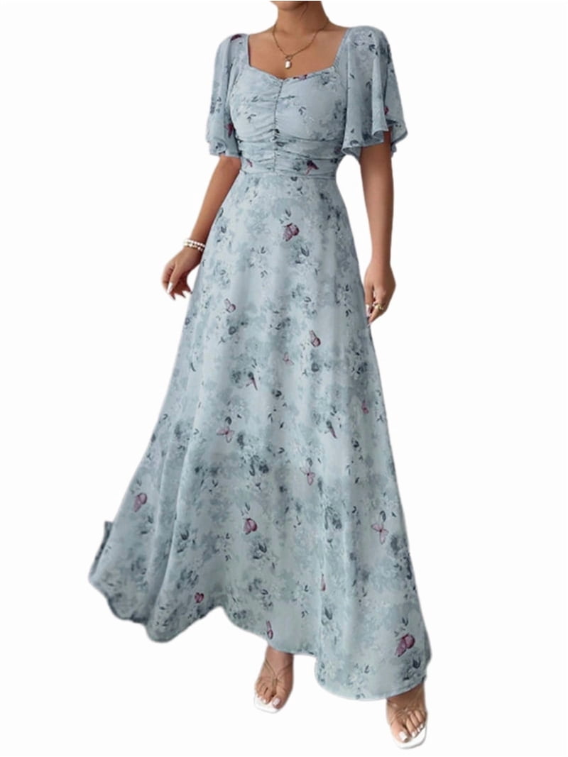 blue flowy wedding guest dress Women Summer Floral Maxi Dress Short Sleeve V Neck A-Line Flowy Dresses  Beach Wedding Guest Dress Light S