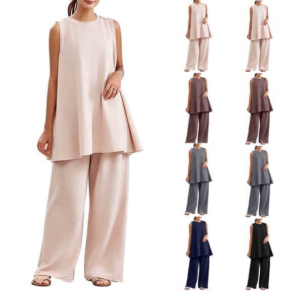 Naotn Pajama Sets for Women Summer 2 Piece Pjs Set Crewneck Rufle Hem Tunic Tank Top & Pant Comfy Solid Color Lounge Outfits