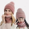thumbnail image 3 of CNKOO 2Pcs/Set Knitted Hat Neck Warmer Parent-child Pompom Striped Stretchy Windproof Keep Warm Thickened Autumn Winter Mom Baby Beanie Scarf Kit for Outdoor, 3 of 10