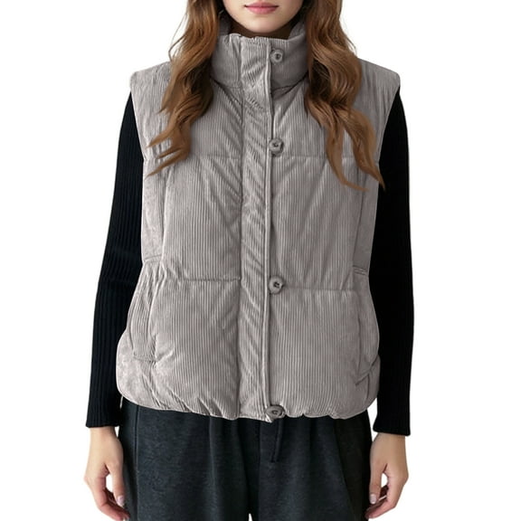 Xyxonk Womens Corduroy Puffer Vest Stand Collar Zip Snap Button Sleeveless Warm Waistcoat Padded Gilet,Gray L