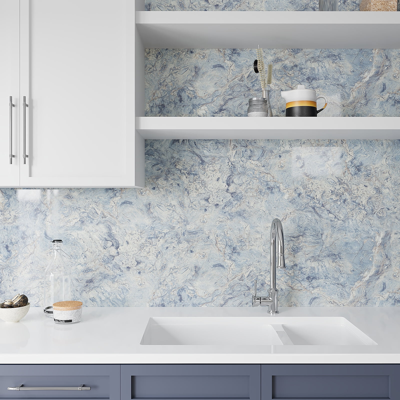 VEELIKE Glossy Cream Blue Marble Countertop Contact Paper Waterproof Kitchen Countertop Peel and Stick Granite Contact Paper for Countertops 15.7''x354'' Removable Marble Wallpaper for Walls Cabinets