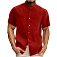 thumbnail image 2 of QIUOMBBP Stand Collar Shirts for Men Short Sleeve Button Down Tees Loose Lightweight Summer Casual Tshirts Red XL, 2 of 7